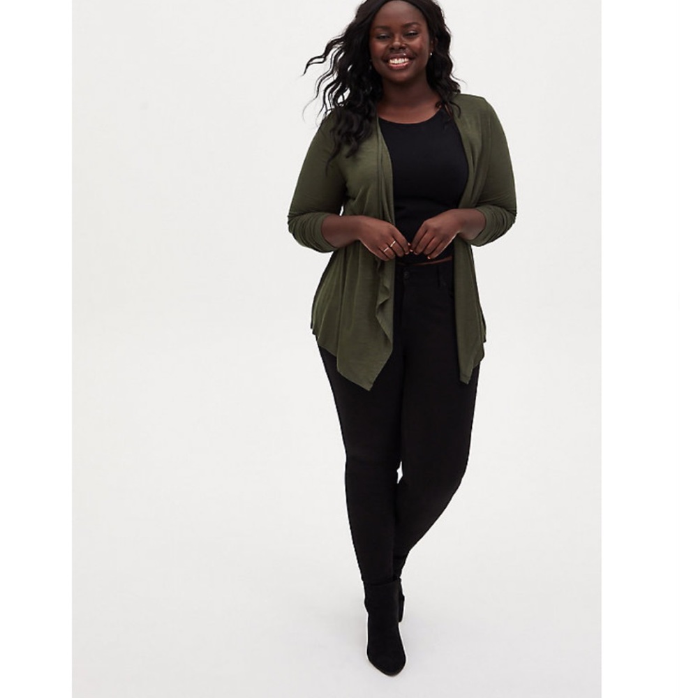 Super Soft Olive Green Drape Front Cardigan - Picture 3 of 5